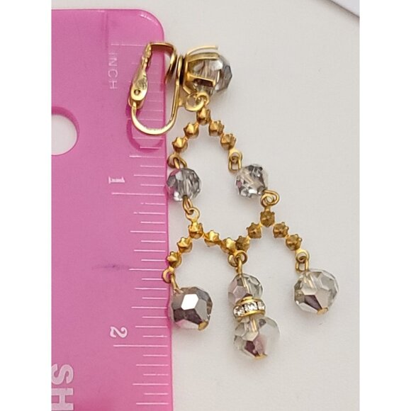 AB Beaded Prong Set Clear Rhinestone Chandelier Clip-On Earrings 2” Long, K130 - Picture 9 of 10